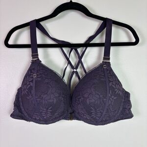 Cacique Sexy Boost Plunge Bra 42C Underwire Front Close Racer Back Purple Lace